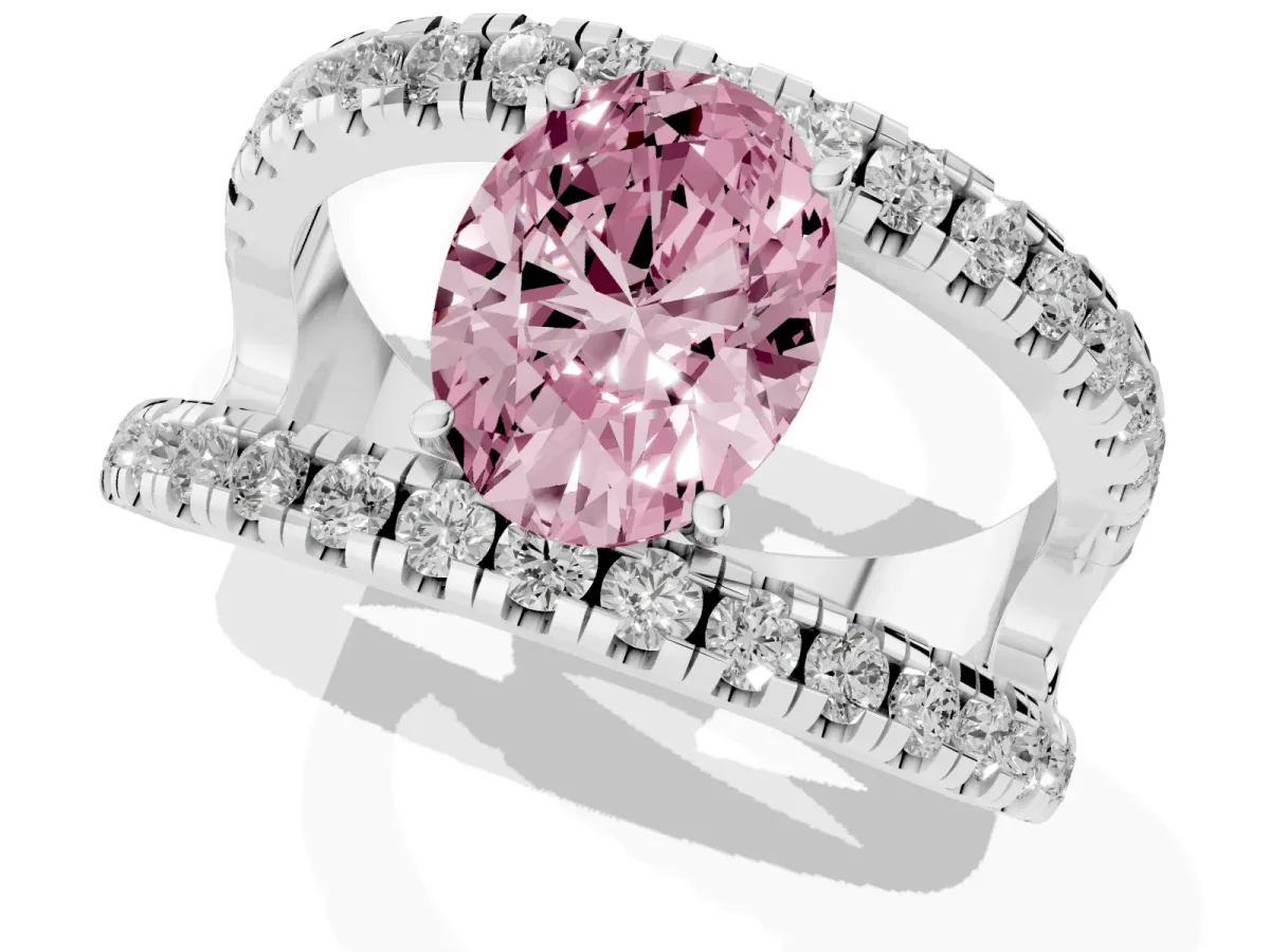 Fancy Pink Oval Cut Solitaire Split Shank Pave Diamond Ring White gold