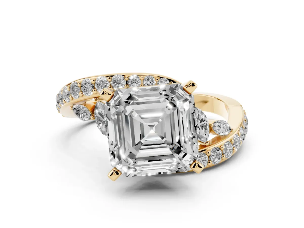 Asscher Cut Solitaire with Pavé Twist Band and Four-Prong Setting Yellow gold