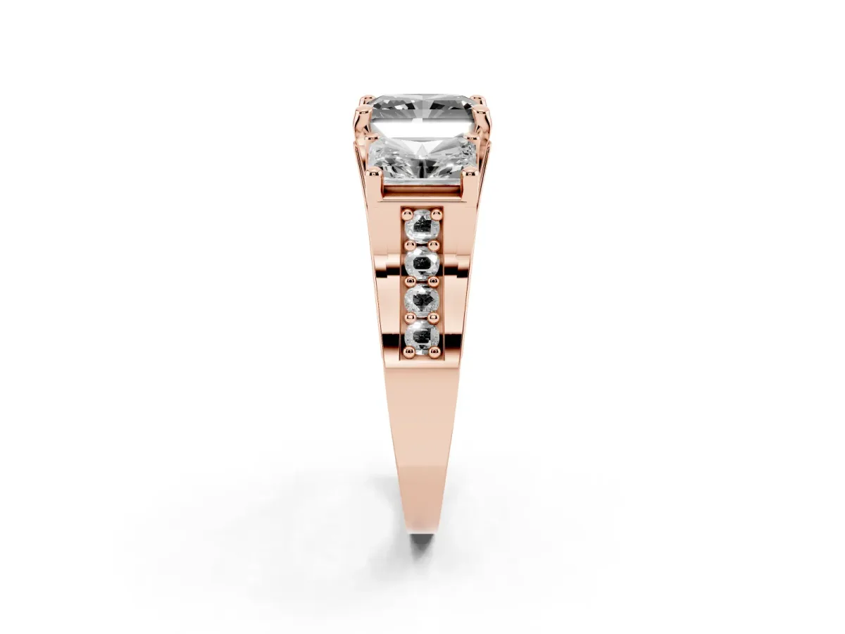Fancy Black Radiant Cut Diamond Three-Stone Ring with Channel Set Band and Four-Prong Setting Rose gold