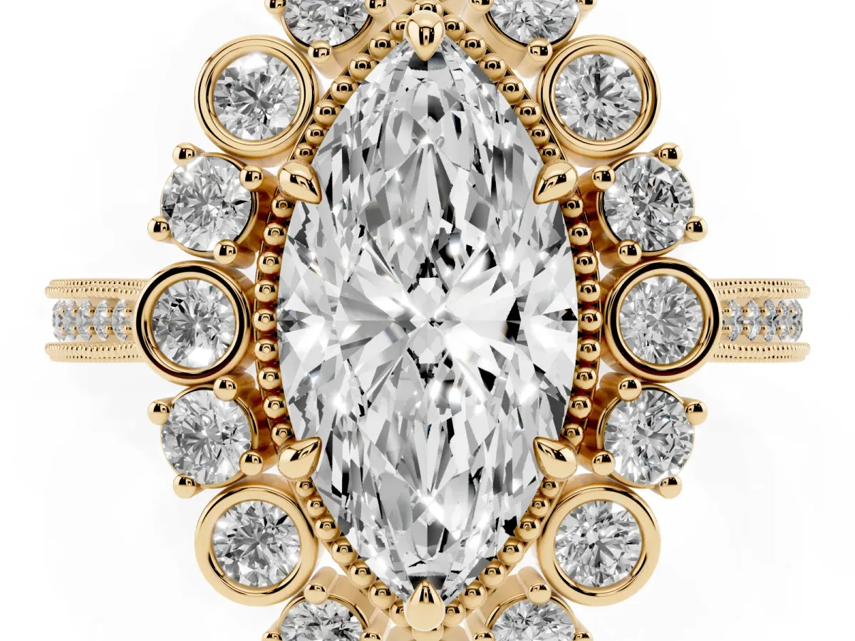 Marquise Cut Halo Milgrain Pave Diamond Ring with Four-Prong Setting Yellow gold
