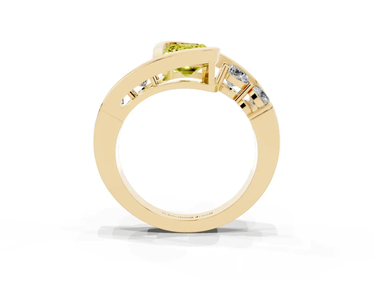 Fancy Yellow Bezel Set Emerald Cut Diamond Bypass Ring with Round Accents Yellow gold