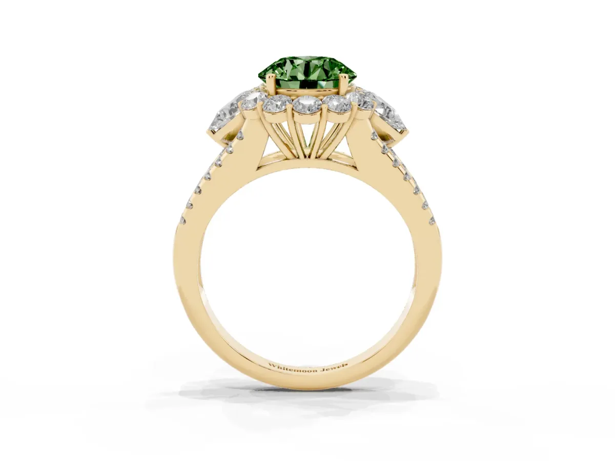 Fancy Green Round Cut Halo Split Shank Diamond Engagement Ring with Prong Setting Yellow gold