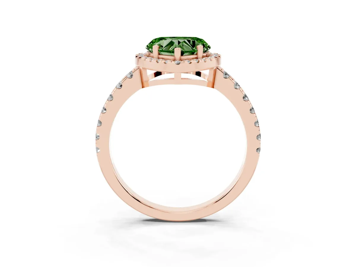 Fancy Green Heart Cut Diamond Halo Ring with Pavé Band and Four-Prong Setting Rose gold