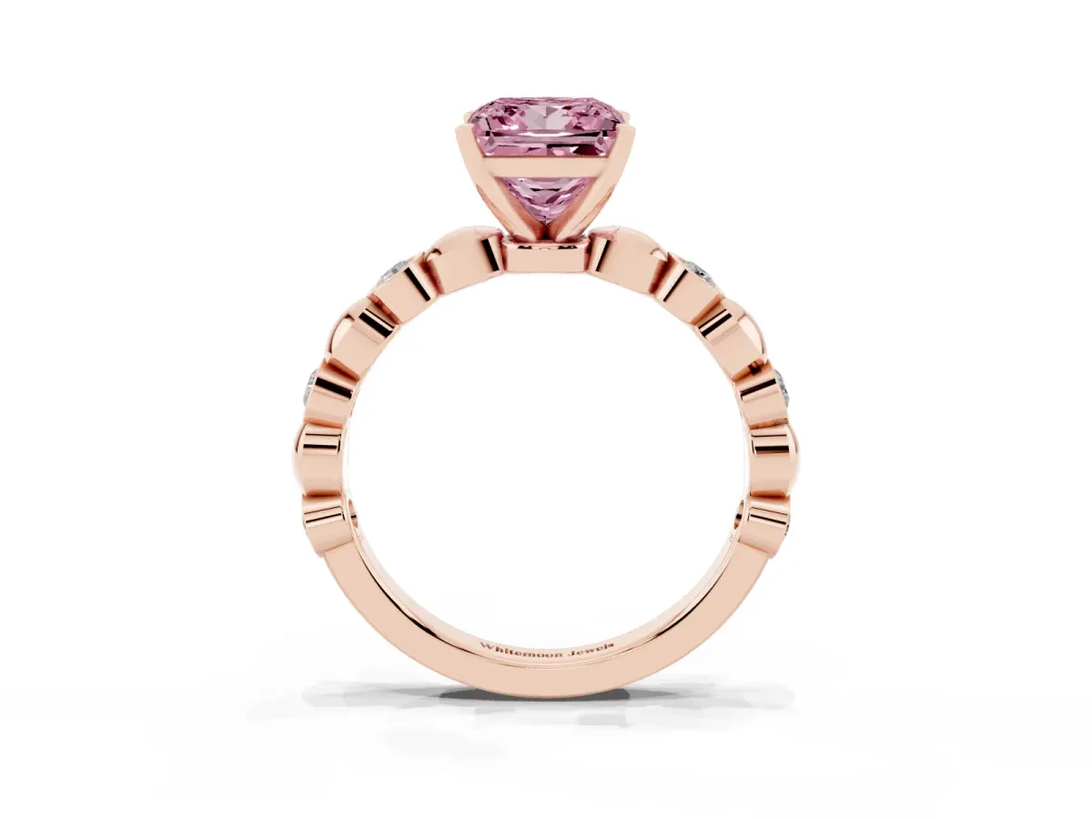 Fancy Pink Princess Cut Solitaire Bezel-Set Diamond Ring with Beaded Band and Four-Prong Setting Rose gold