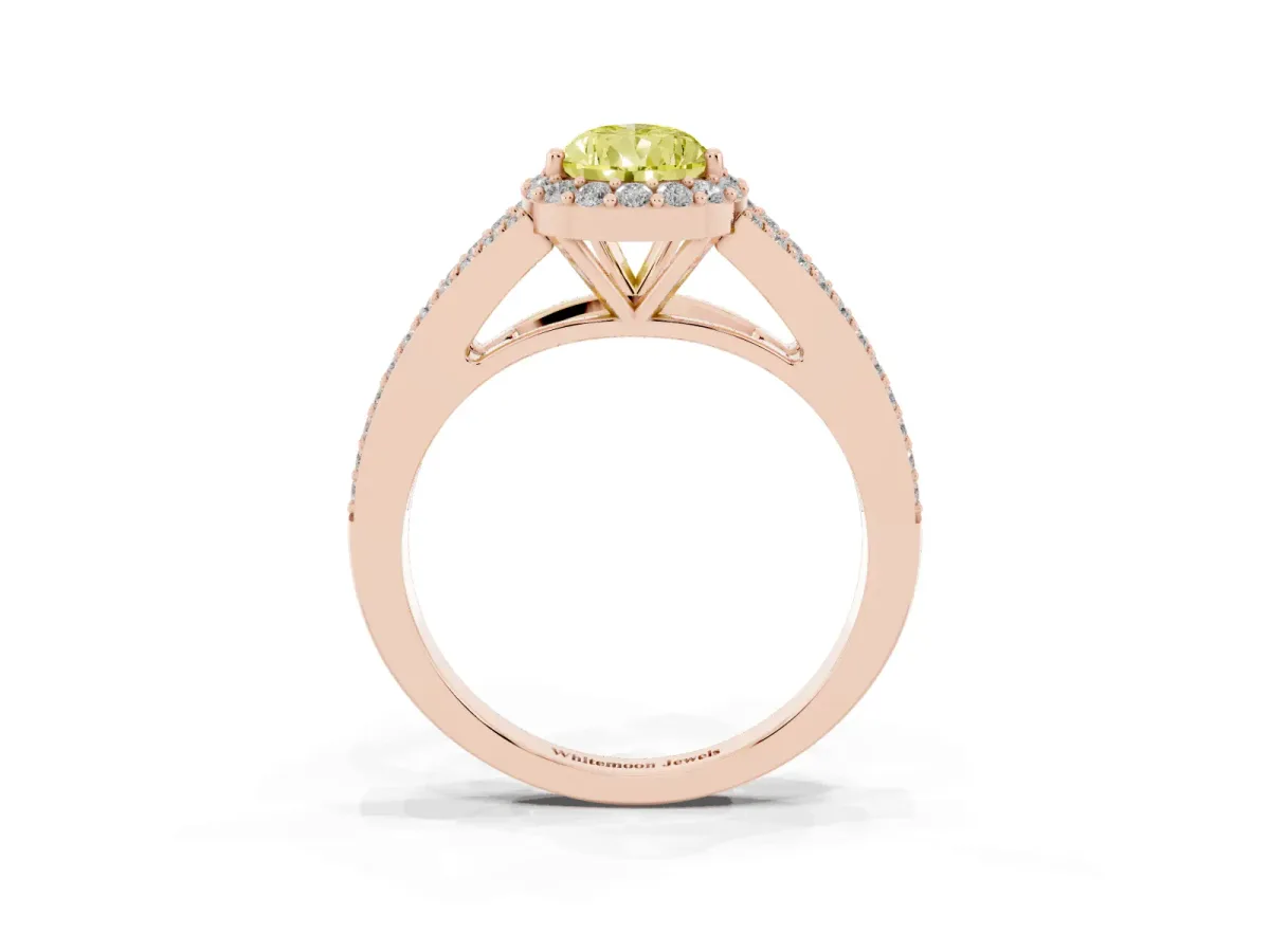 Fancy Yellow Pear Cut Halo Split Shank Pave Diamond Ring with Four-Prong Setting Rose gold