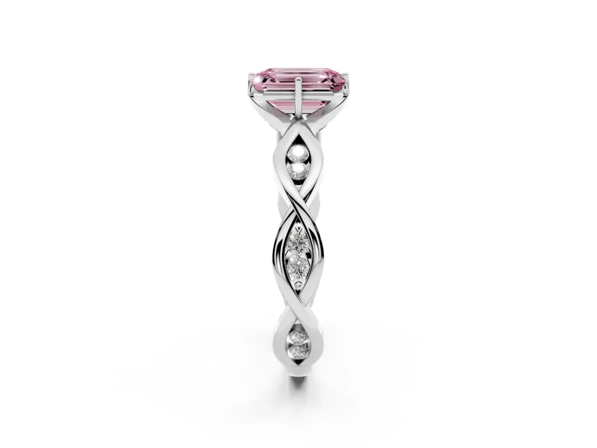 Fancy Pink Emerald Cut Solitaire Twist Band with Leaf Prong Setting Platinum
