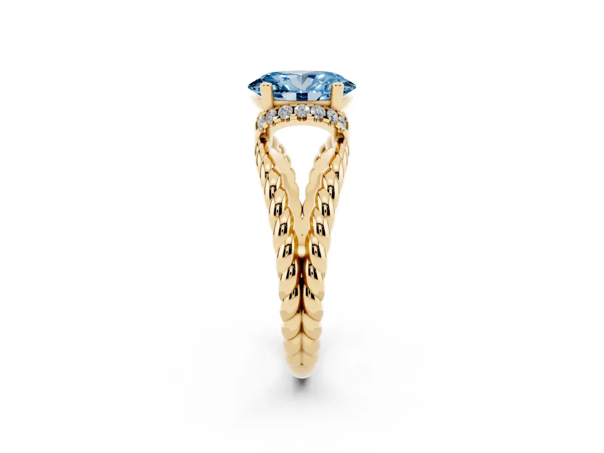 Fancy Blue Oval Cut Halo Twisted Band Four-Prong Ring Yellow gold