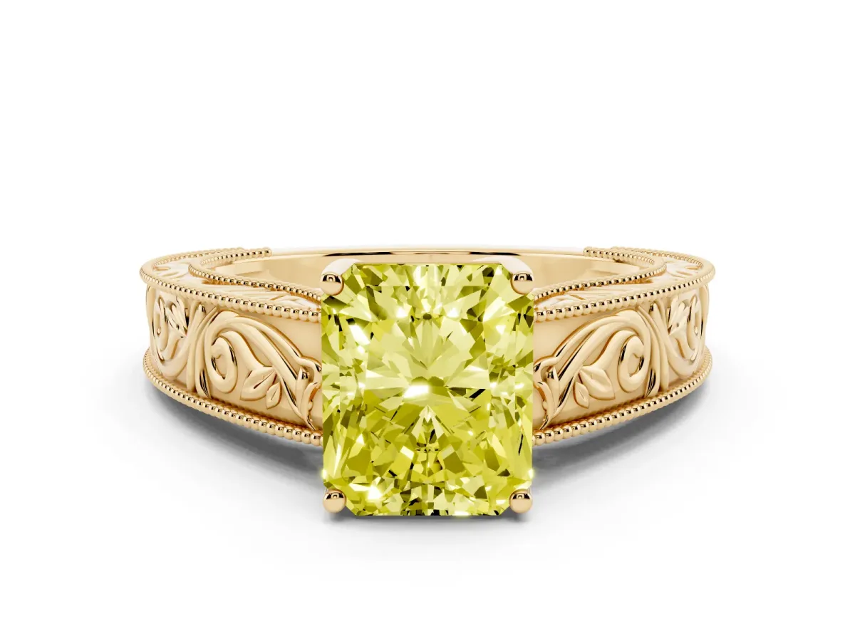 Fancy Yellow Radiant Cut Diamond Solitaire Ring with Engraved Band and Four-Prong Setting Yellow gold