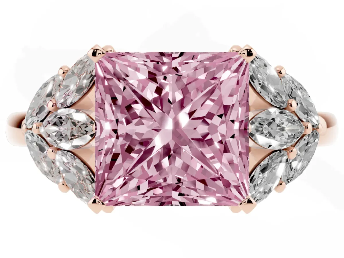 Fancy Pink Princess Cut Diamond Cluster Leaf Design Ring with Prong Setting Rose gold