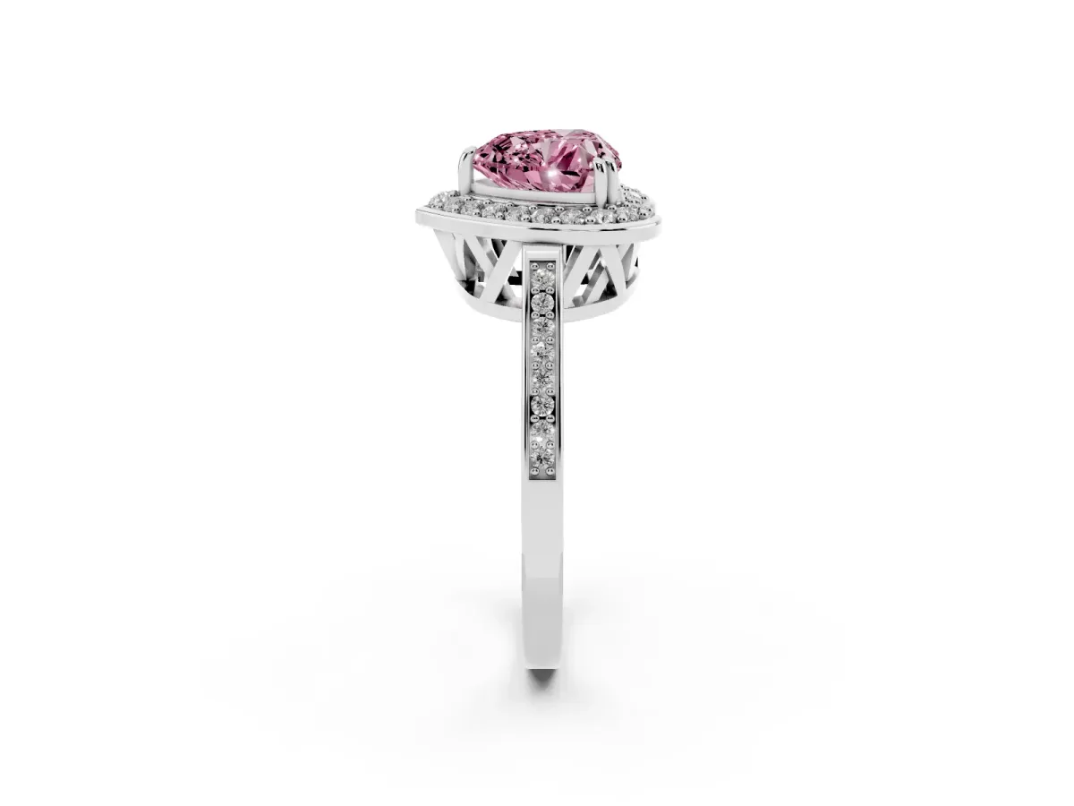 Fancy Pink Heart Cut Diamond Halo Ring with Split Shank and Four-Prong Setting Platinum
