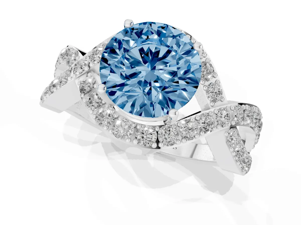 Fancy Blue Round Cut Solitaire Twist Band Pavé Diamond Engagement Ring Silver