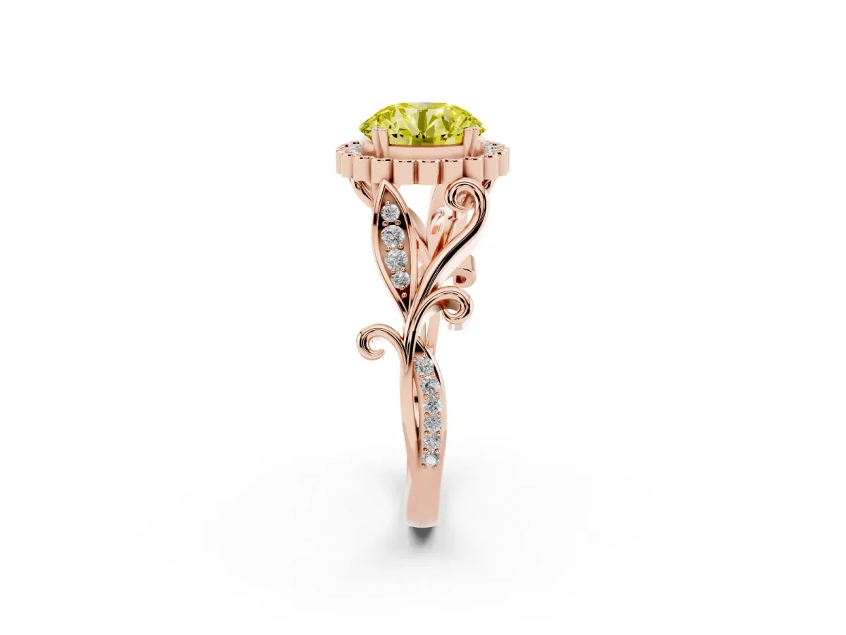 Fancy Yellow Round Cut Diamond Halo Ring with Vintage Split Shank and Four-Prong Setting Rose gold