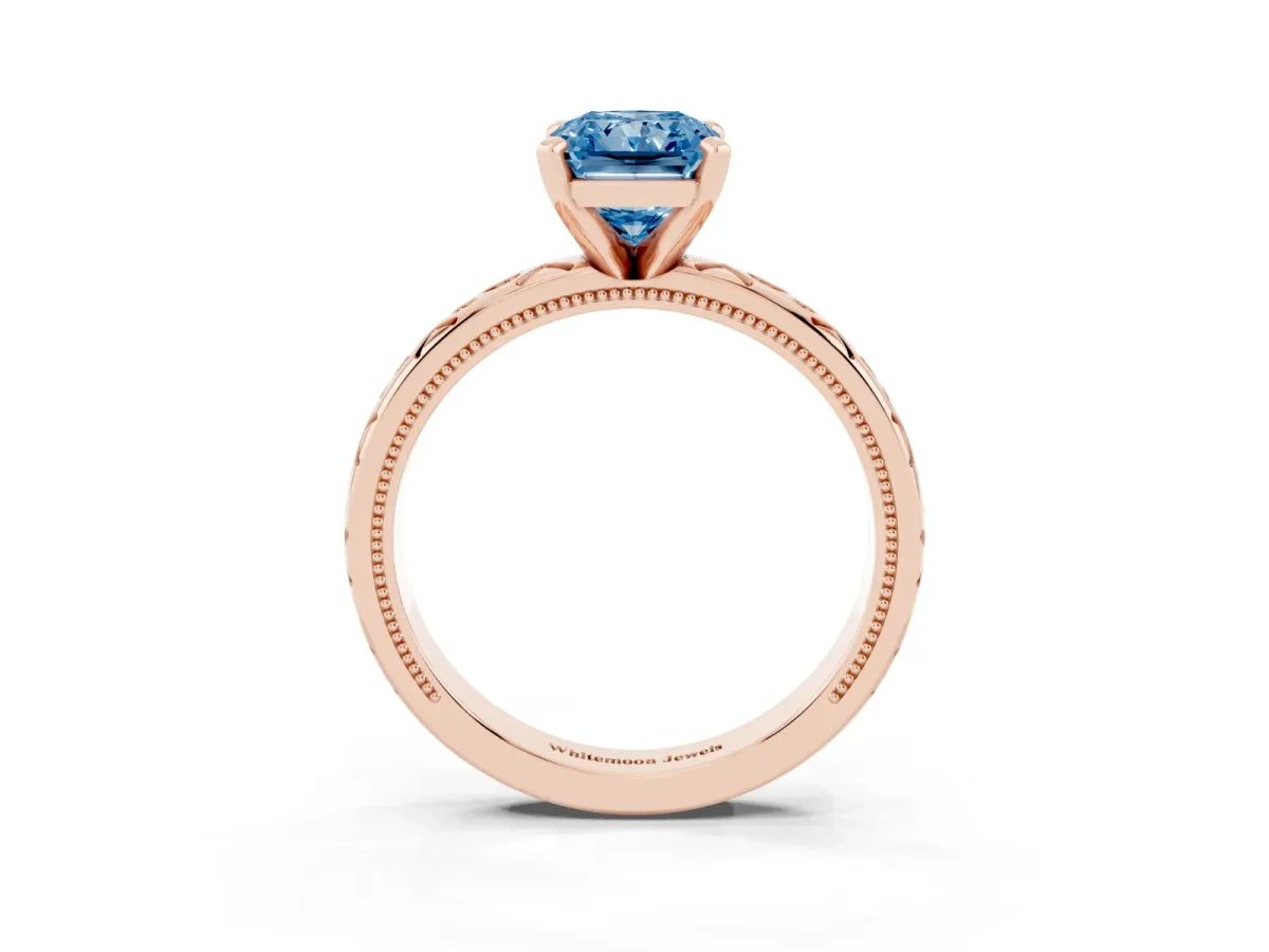 Fancy Blue Radiant Cut Solitaire Engagement Ring with Scrollwork Band and Four-Prong Setting Rose gold