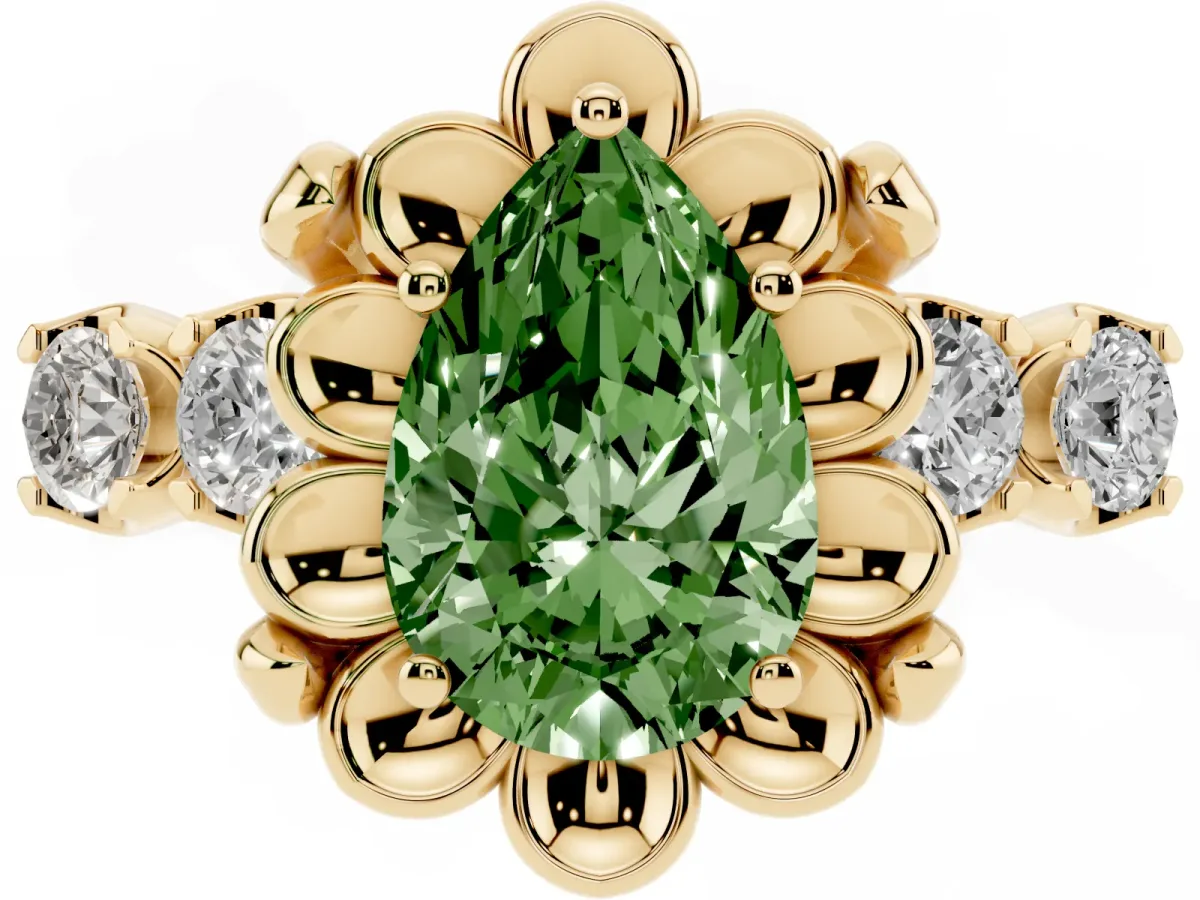 Fancy Green Pear Cut Cut Diamond Floral Halo Engagement Ring with Shared Prong Setting Yellow gold
