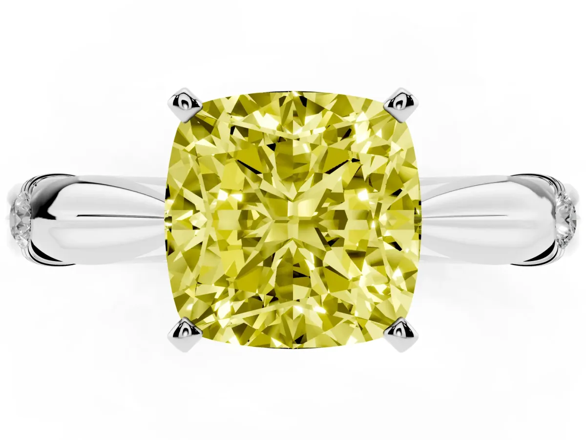 Fancy Yellow Cushion Cut Solitaire Diamond Twisted Band with Four-Prong Setting Silver