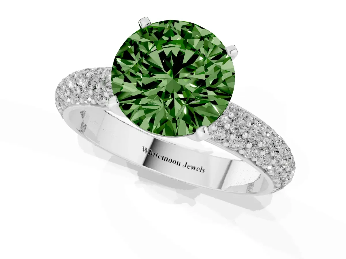 Fancy Green Round Cut Diamond Solitaire Ring with Prong Setting and Pavé Band Platinum