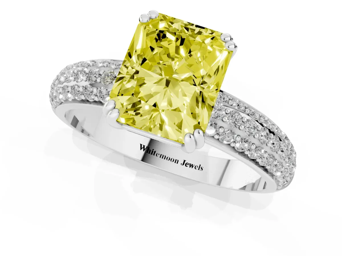 Fancy Yellow Radiant Cut Diamond Solitaire Ring with Multi-Row Round Pavé Band and Prong Setting White gold