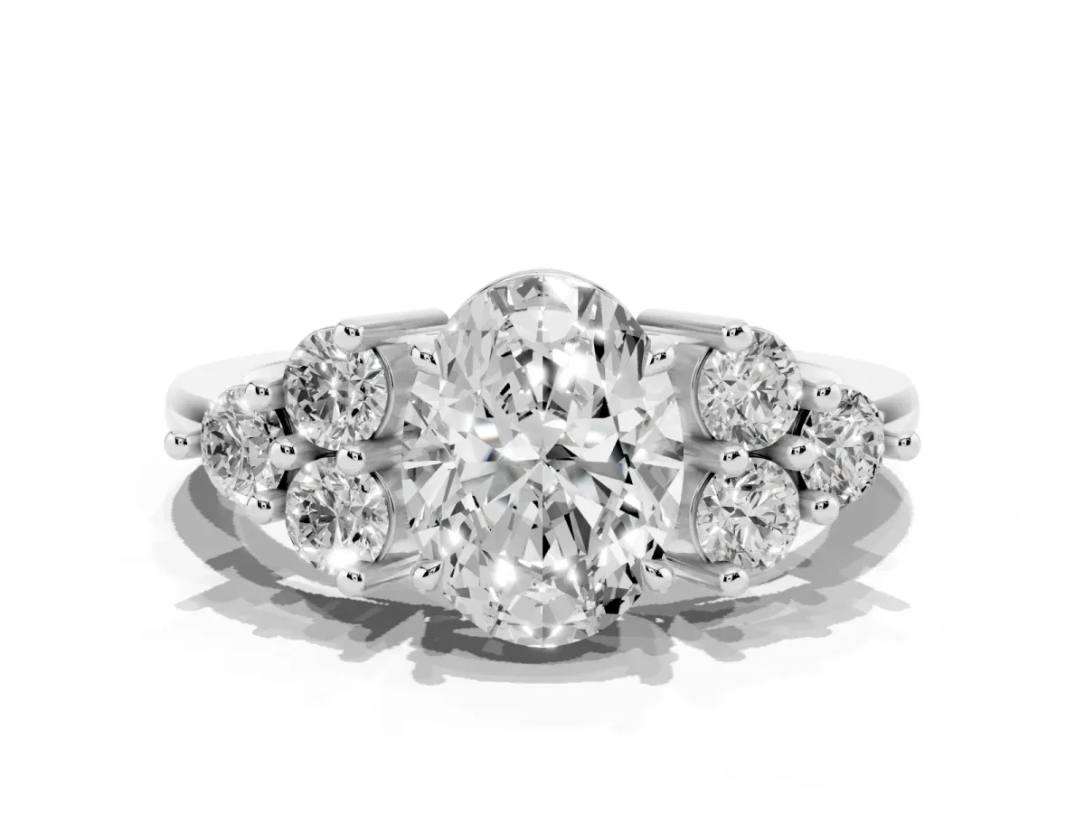 Oval Cut Brilliant Diamond Cluster Accent Solitaire Ring with Prong Setting Platinum