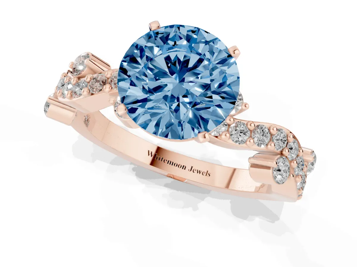 Fancy Blue Round Cut Cut Solitaire Diamond Twisted Band with Pave Setting Rose gold