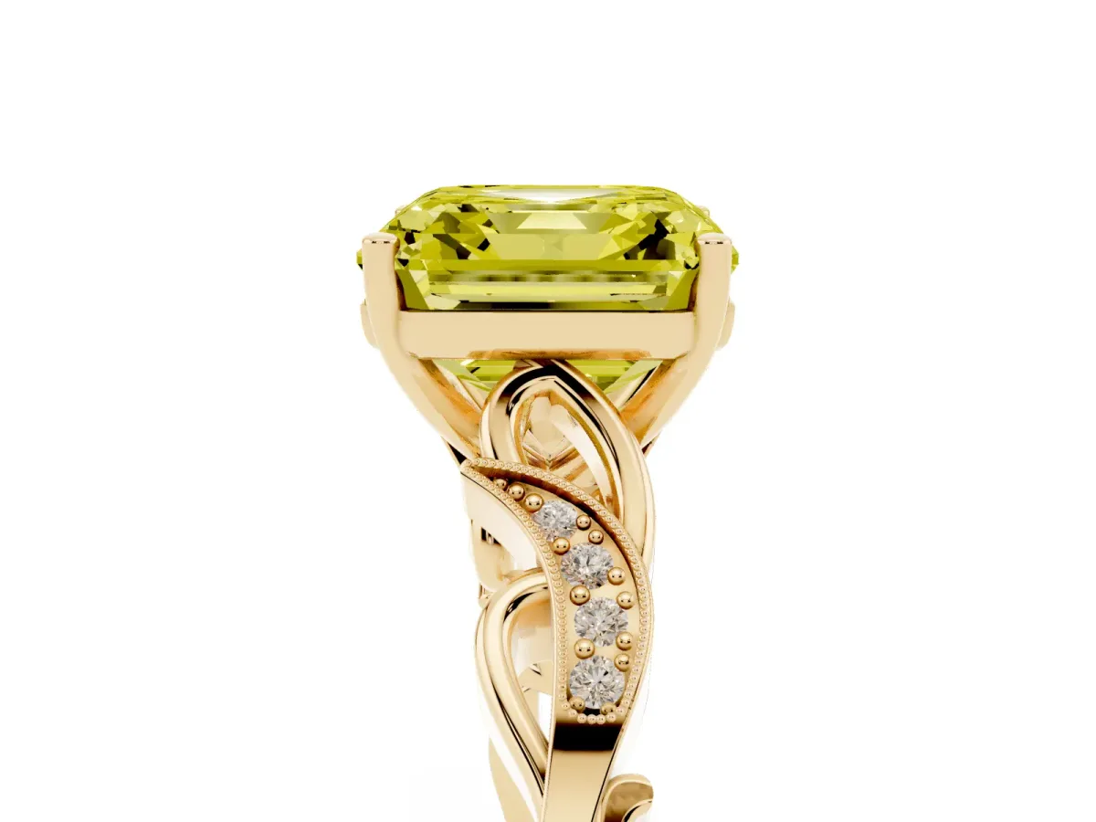 Fancy Yellow Asscher Cut Solitaire Vine Band with Milgrain Prong Setting Yellow gold