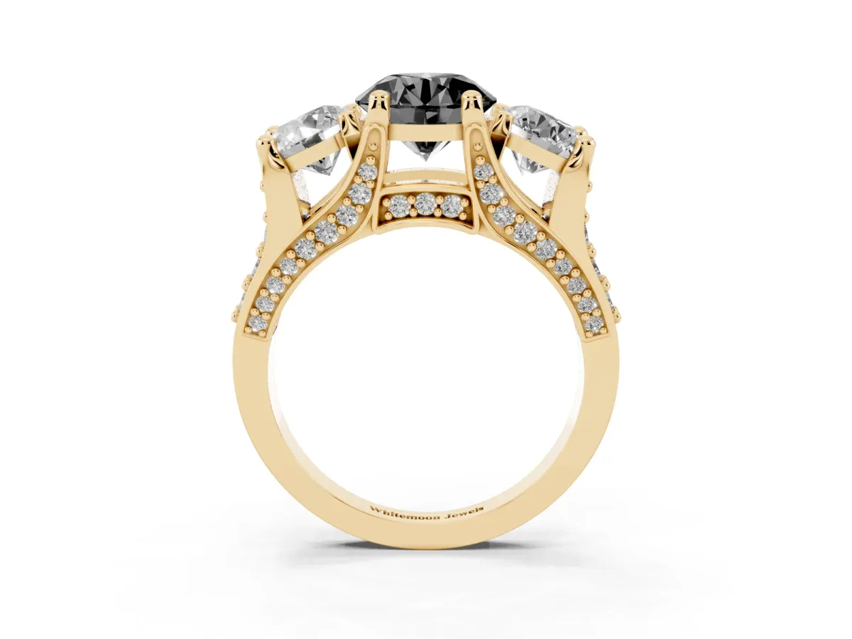 Fancy Black Round Cut Diamond Three-Stone Ring with Channel Set Band and Four-Prong Setting Yellow gold