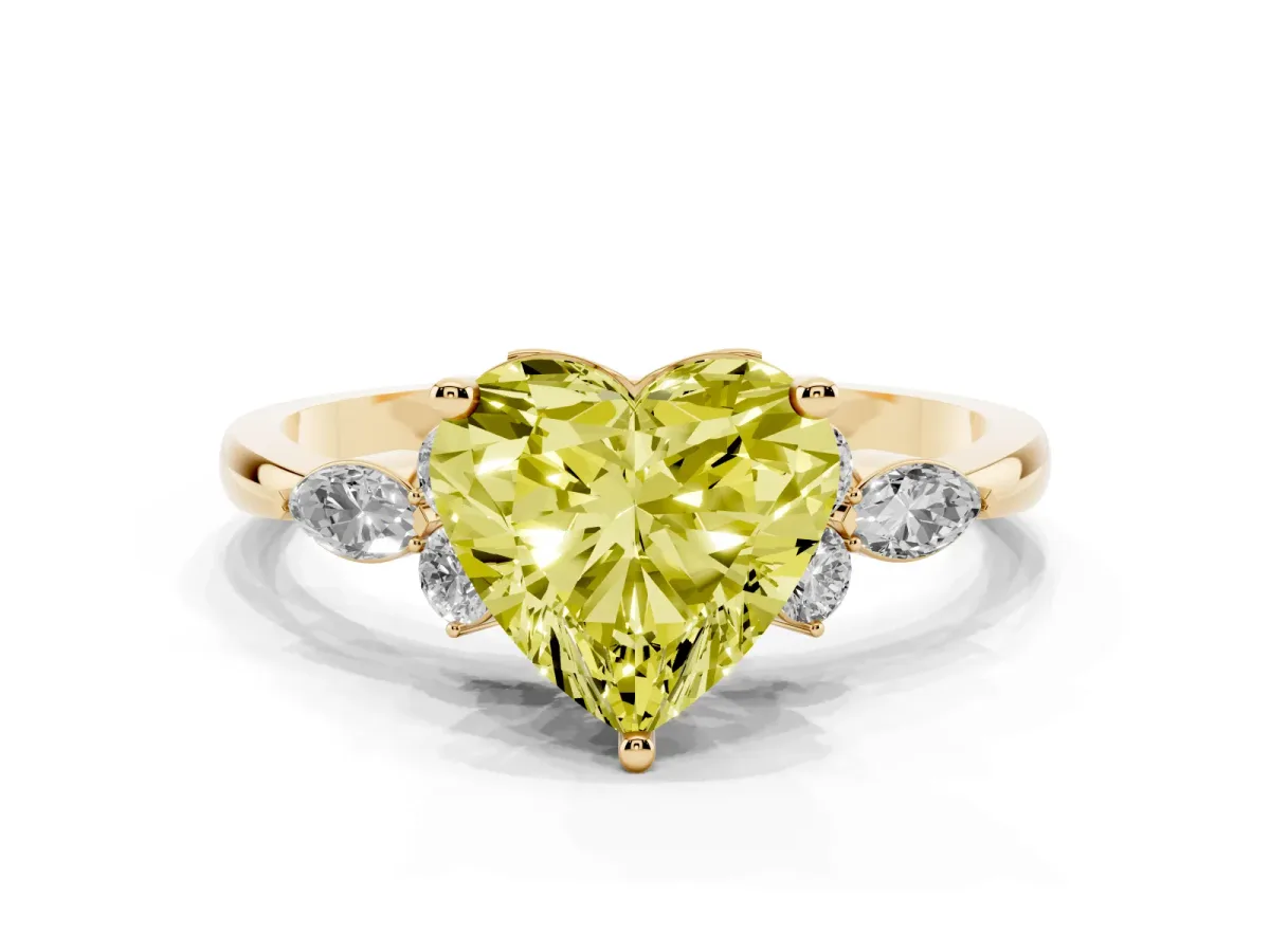 Fancy Yellow Heart Cut Brilliant Diamond Solitaire Ring with Pear Side Stones and Four-Prong Setting Yellow gold