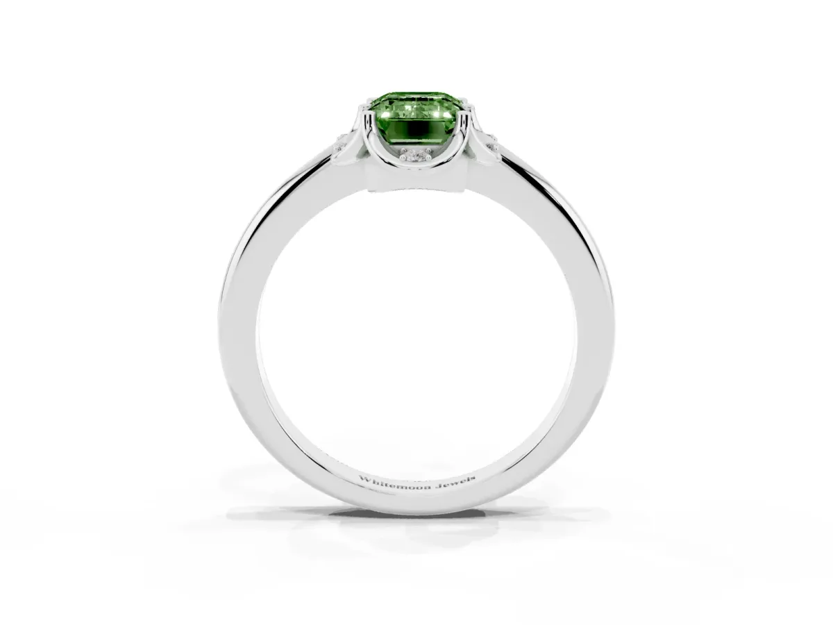 Fancy Green Emerald Cut Halo Diamond Ring with Round Cluster Setting, Solitaire Band, and Four-Prong Setting Silver