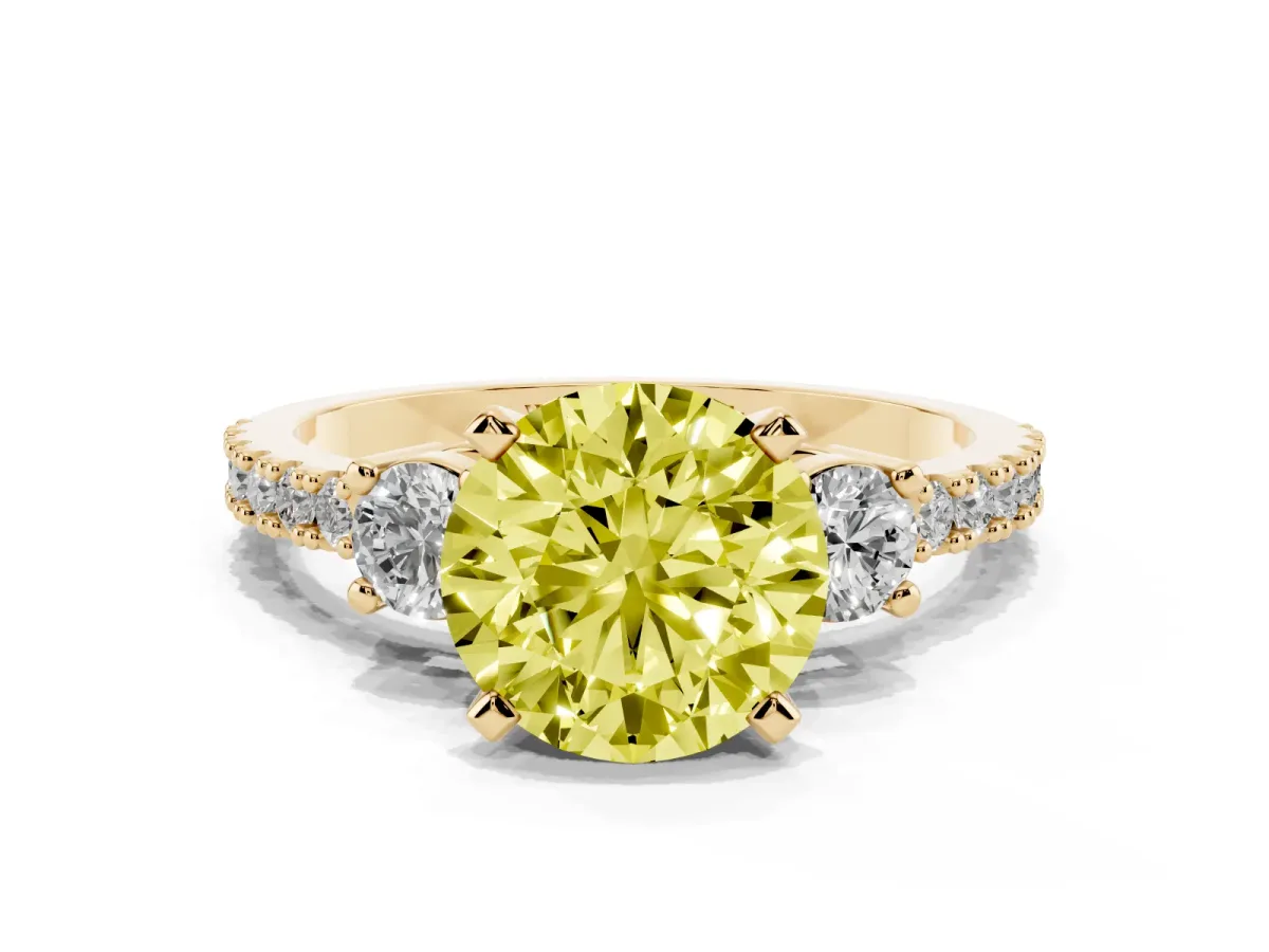 Fancy Yellow Round Cut Three-Stone Diamond Pavé Band with Prong Setting Yellow gold