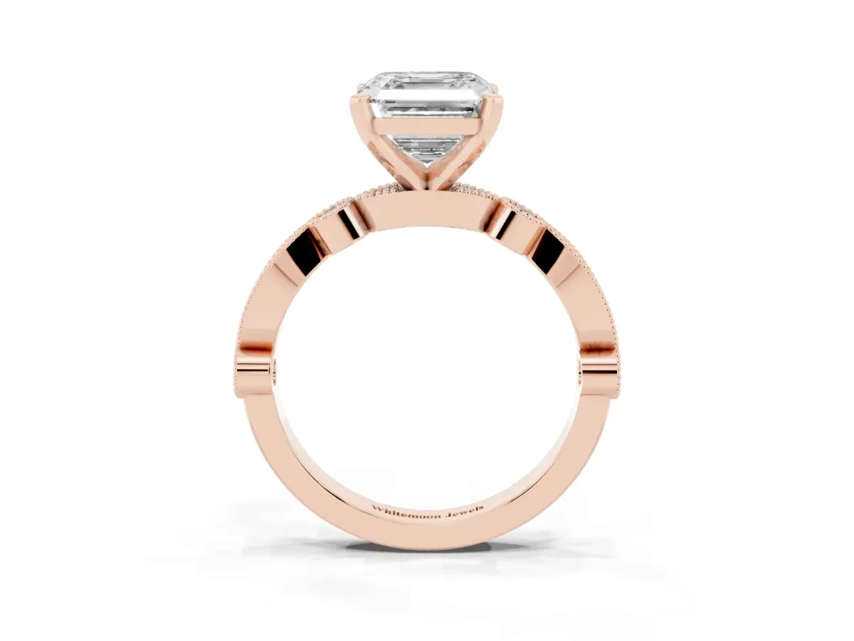 Asscher Cut Milgrain Bezel Diamond Engagement Ring with Solitaire Prong Setting Rose gold