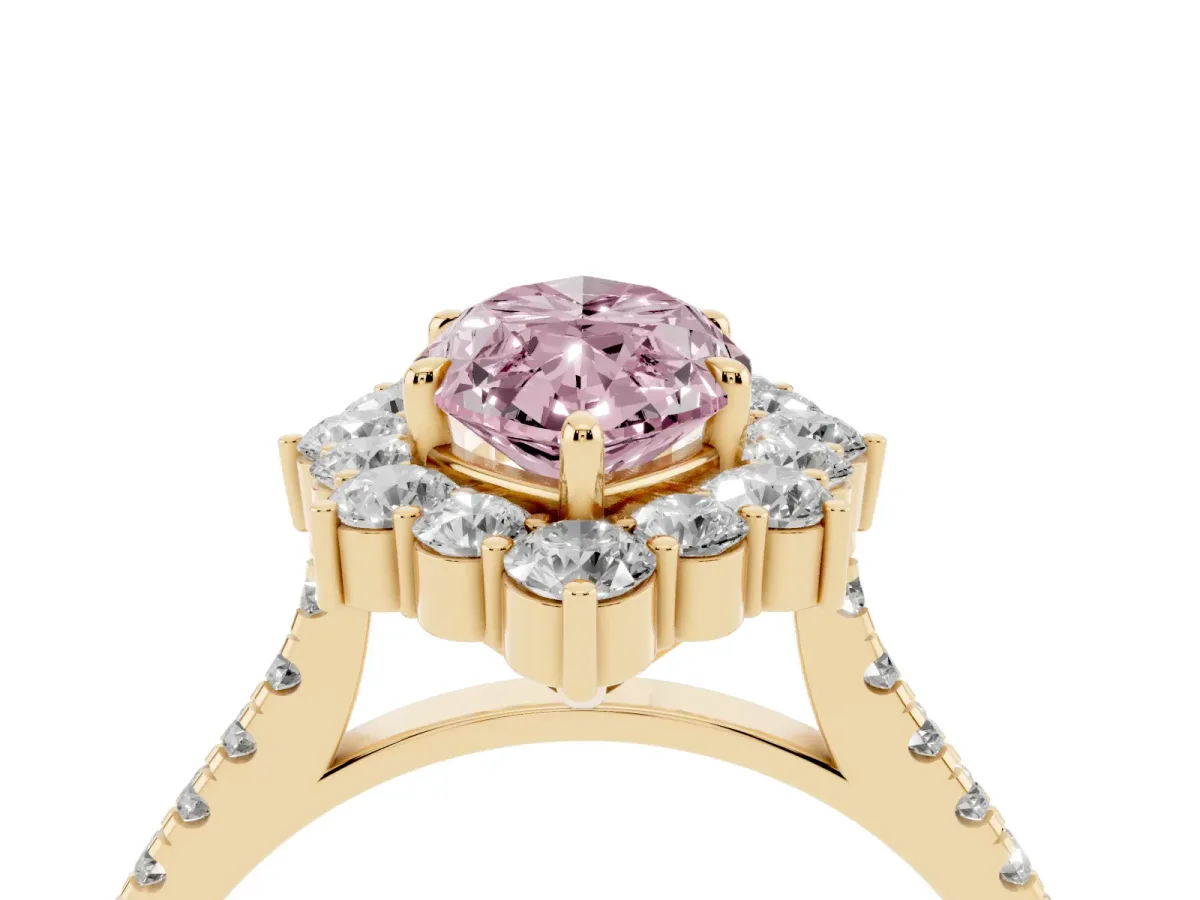 Fancy Pink Marquise Cut Halo Diamond Ring with Pavé Band and Prong Setting Yellow gold