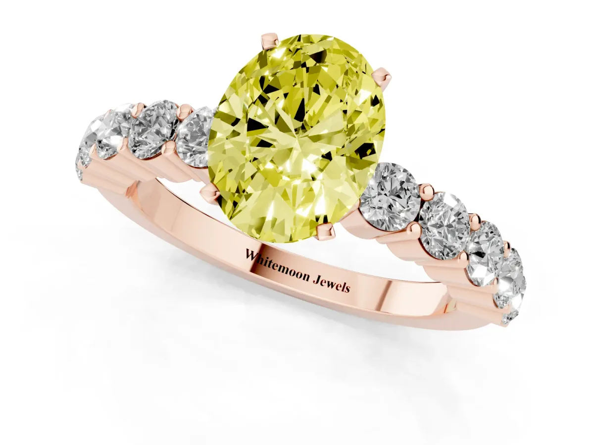 Fancy Yellow Oval Cut Diamond Solitaire Ring with Shared Prong Round Side Stones Rose gold