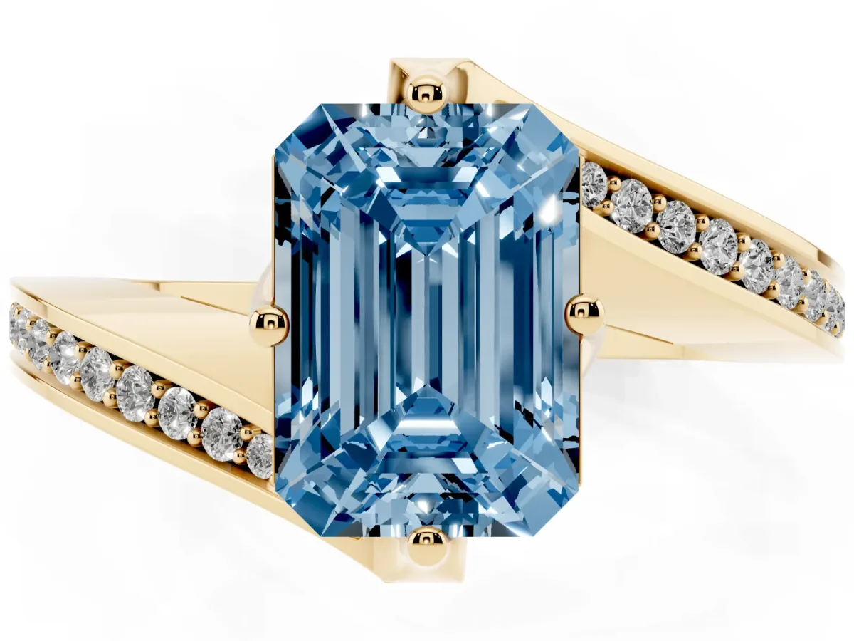 Fancy Blue Emerald Cut Solitaire Diamond Twist Band with Pavé Setting and Four-Prong Setting Yellow gold