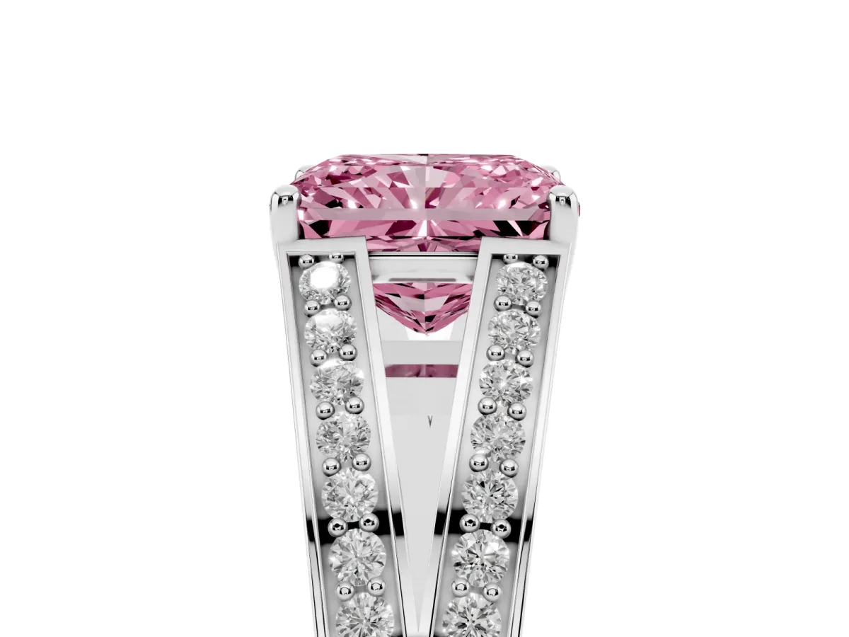 Fancy Pink Radiant Cut Diamond Split Shank Ring with Pavé Band and Four-Prong Setting White gold