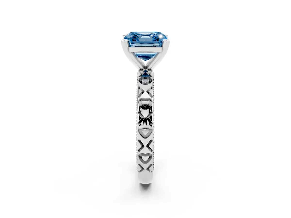Fancy Blue Asscher Cut Solitaire Diamond Engagement Ring with XO Engraved Band and Four-Prong Setting Silver