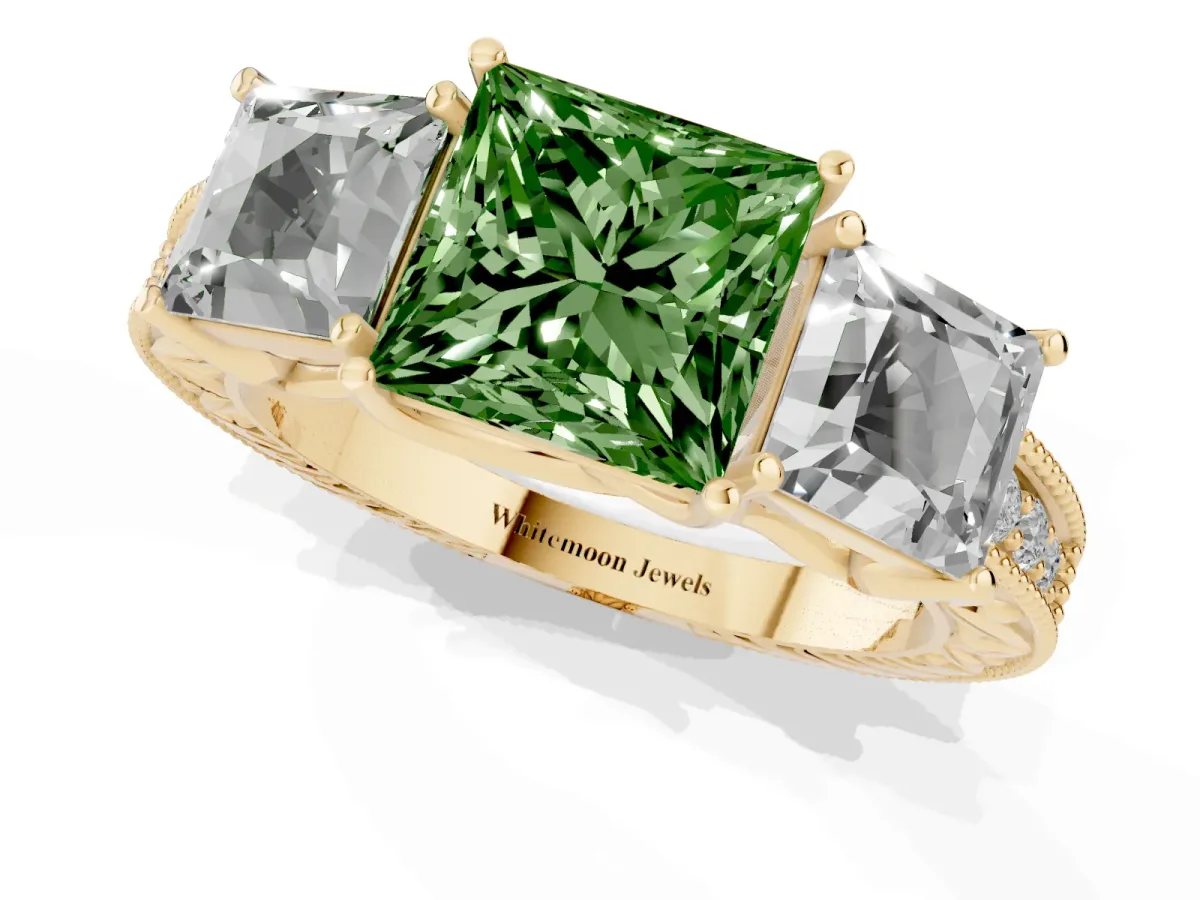 Fancy Green Three-Stone Princess Cut Cut Milgrain Pavé Engagement Ring Yellow gold