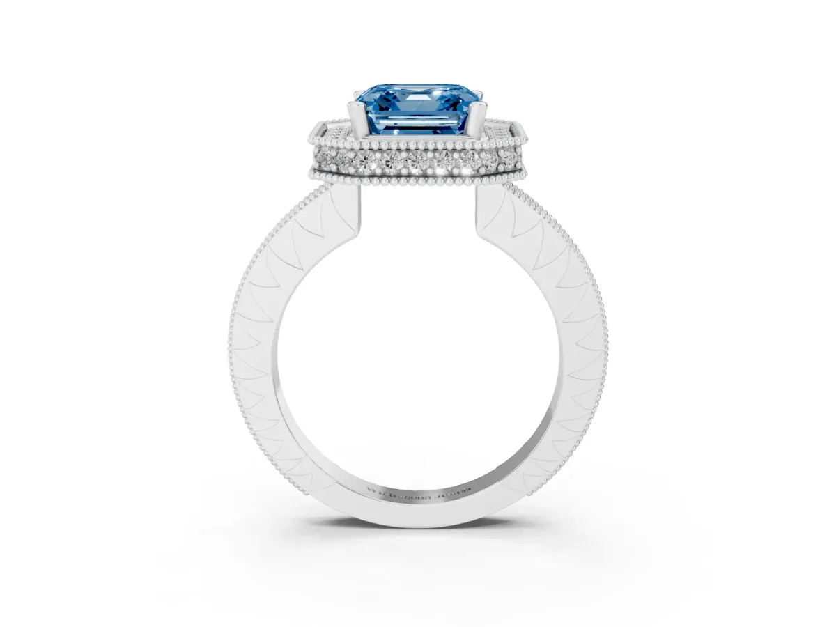 Fancy Blue Asscher Cut Diamond Milgrain Halo Engagement Ring with Round Pavé Band and Prong Setting Platinum