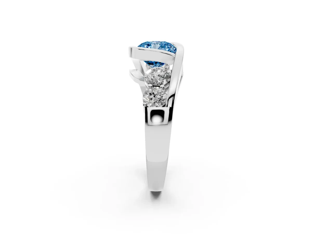 Fancy Blue Bezel Set Cushion Cut Diamond Bypass Ring with Round Accents Silver