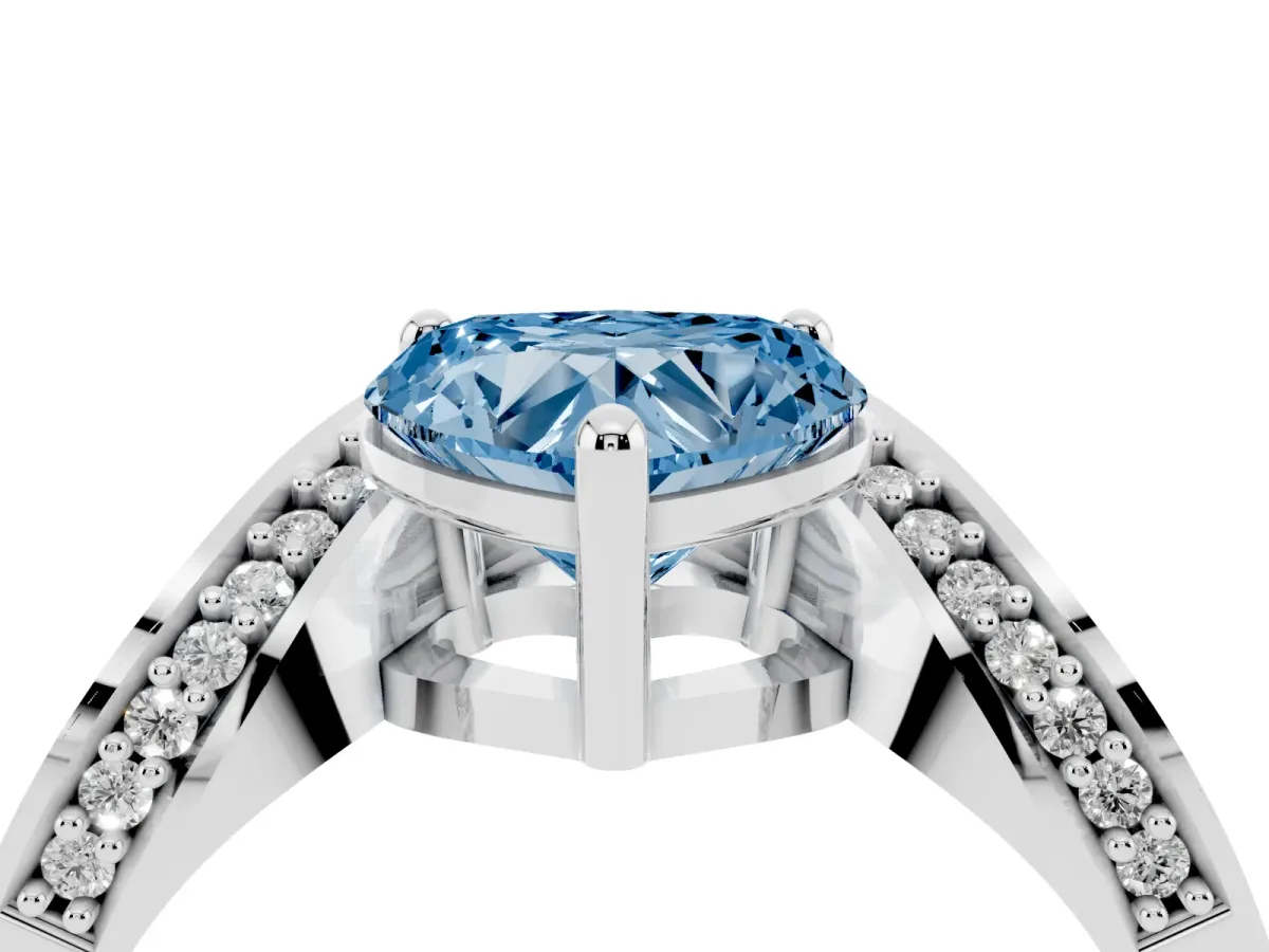 Fancy Blue Heart Cut Solitaire Diamond Engagement Ring with Pave Band and Four-Prong Setting Silver