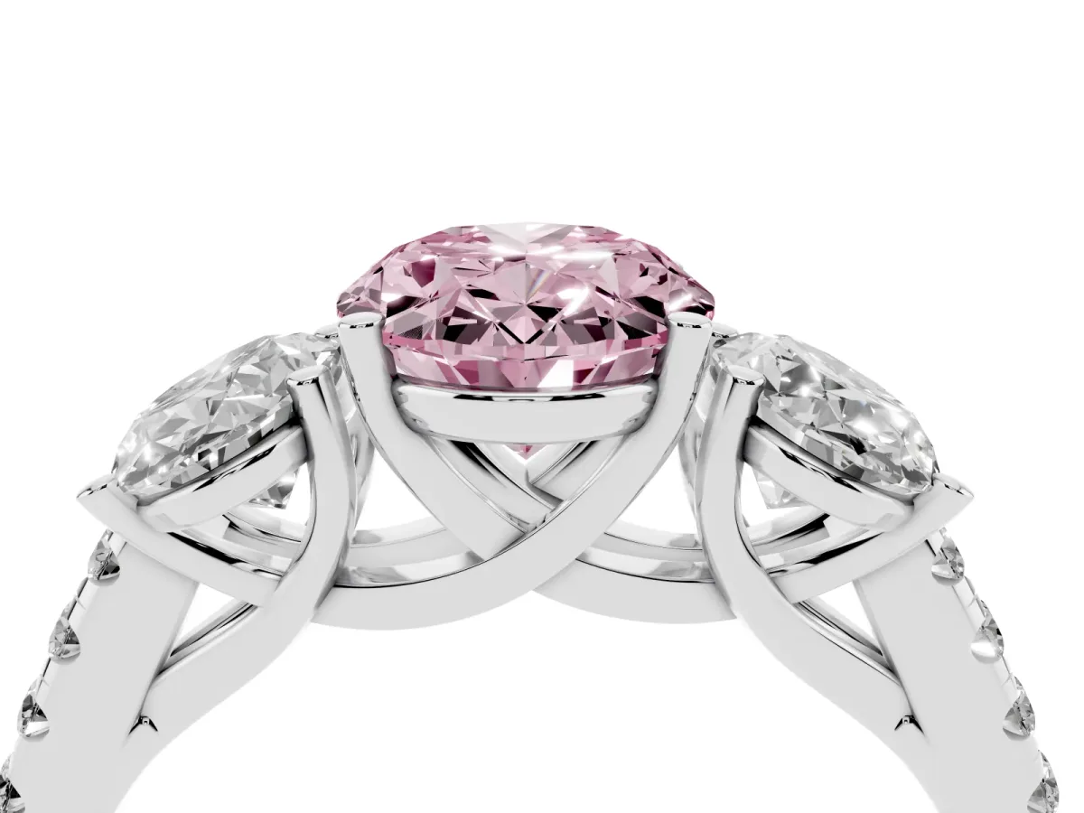 Fancy Pink Three-Stone Oval Cut Diamond Ring with Round Pavé Band and Prong Setting Silver