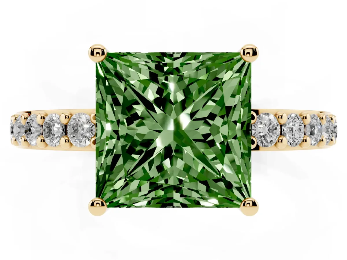 Fancy Green Princess Cut Cut Diamond Solitaire with Pave Band and Four-Prong Setting Yellow gold