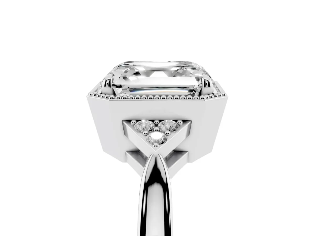 Hexagonal Halo Asscher Cut Diamond Solitaire with Pavé Band and Four-Prong Setting Silver