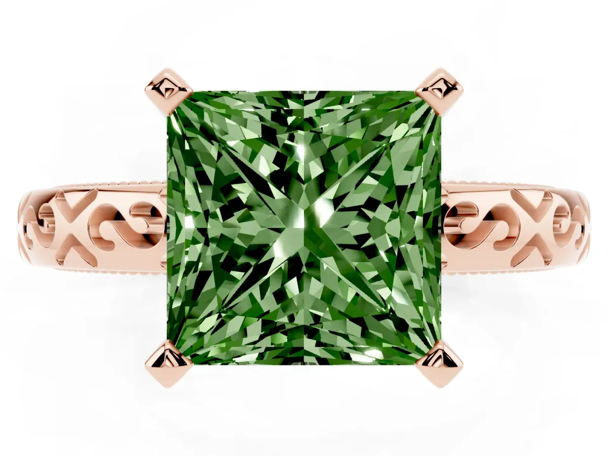 Fancy Green Princess Cut Solitaire Engagement Ring with Scrollwork Band and Four-Prong Setting Rose gold
