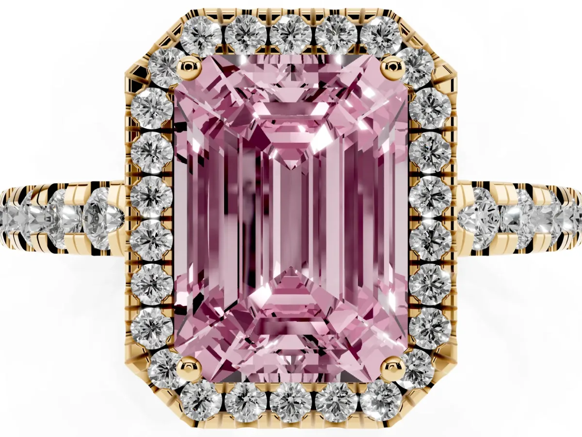 Fancy Pink Emerald Cut Diamond Halo Ring with Pavé Band and Four-Prong Setting Yellow gold