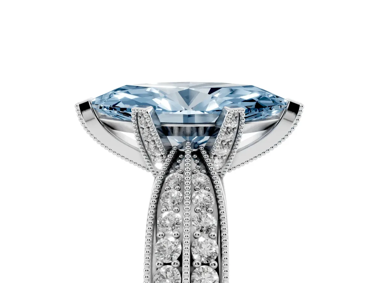 Fancy Blue Marquise Cut Diamond Solitaire Ring with Milgrain Round Pavé Band and Prong Setting Silver