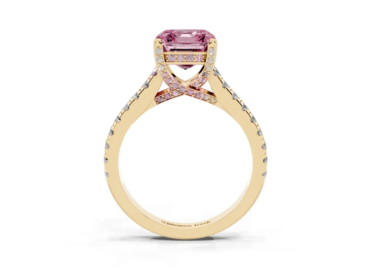 Fancy Pink Asscher Cut Brilliant Diamond Solitaire with Pavé Band and Four-Prong Setting Yellow gold