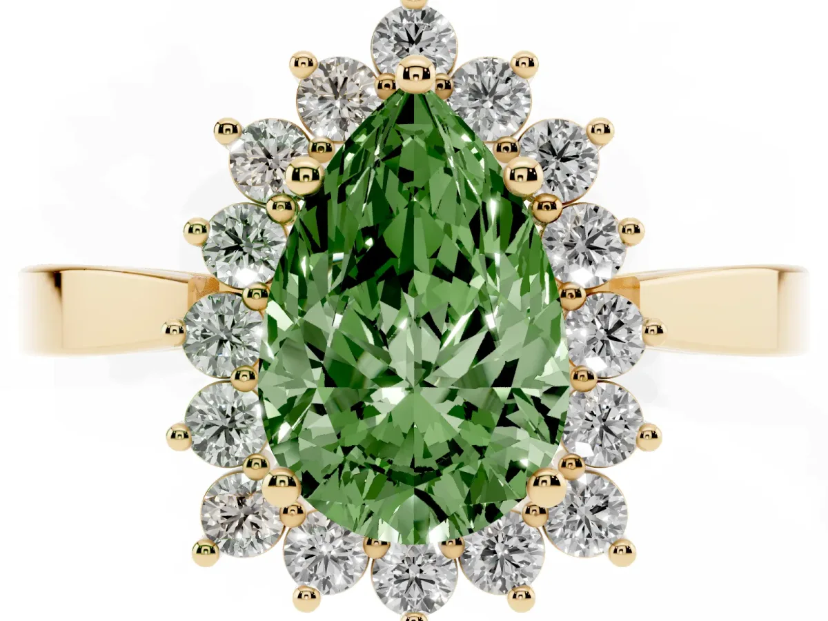 Fancy Green Pear Cut Cut Diamond Halo Ring with Round Brilliant Halo and Solitaire Band Yellow gold