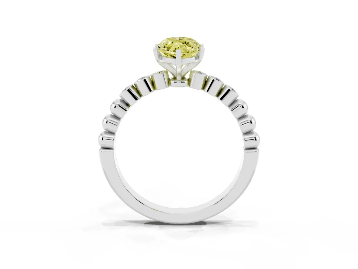 Fancy Yellow Marquise Cut Solitaire Bezel Accent Diamond Engagement Ring with Beaded Band and Four-Prong Setting Platinum
