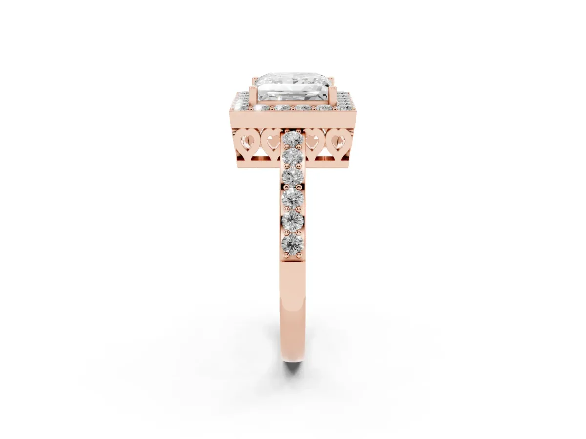 Princess Cut Halo Diamond Pavé Band Ring with Prong Setting Rose gold