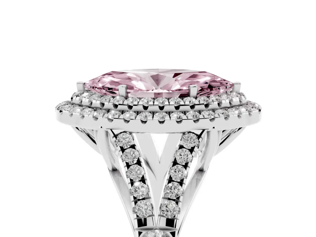 Fancy Pink Marquise Cut Diamond Pavé Split Shank Double Halo Engagement Ring Silver