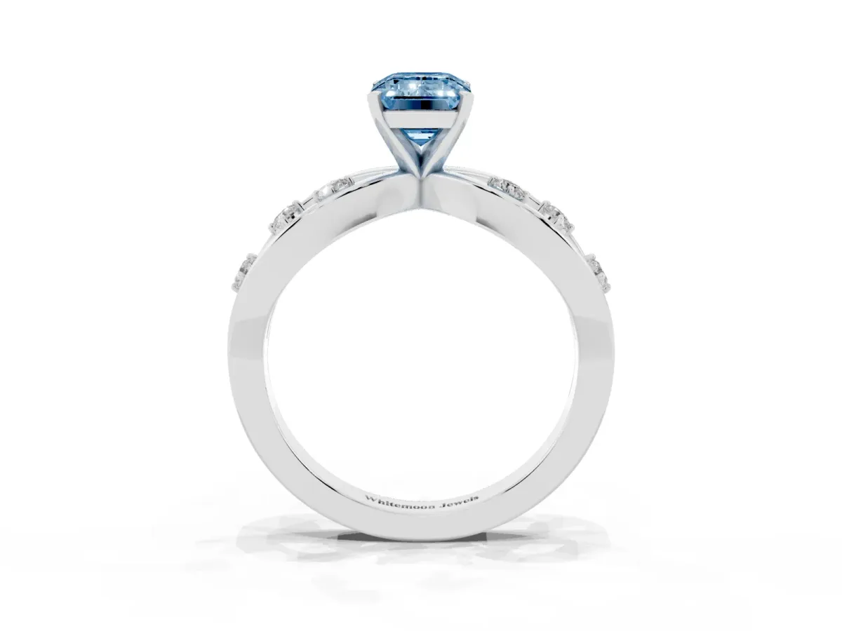 Fancy Blue Emerald Cut Cut Solitaire Diamond with Side Stones on Criss-Cross Band and Four-Prong Setting Platinum